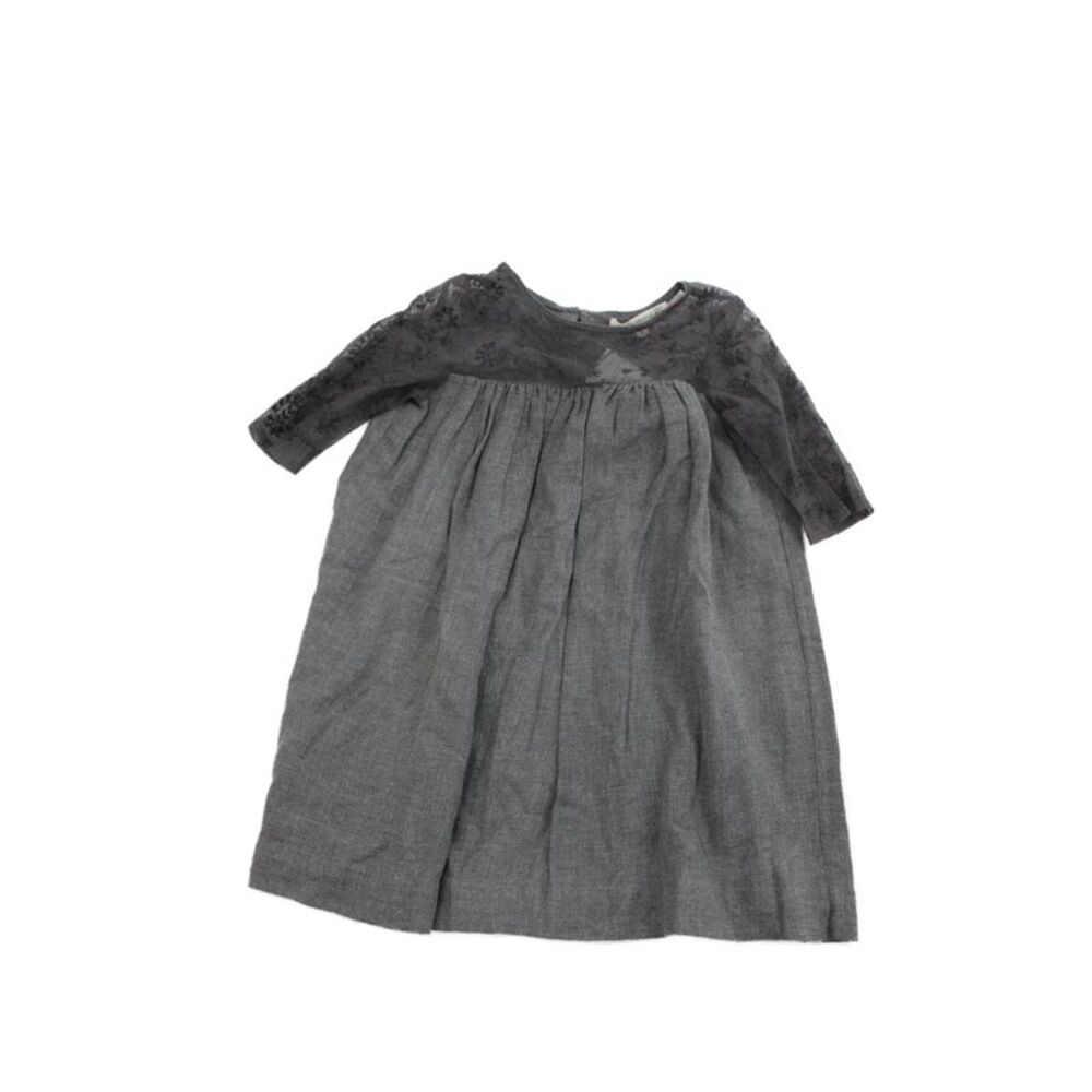 Bonpoint Girls Short Sleeve Embroidered Mesh Trim Dress Gray Cotton Size 3
